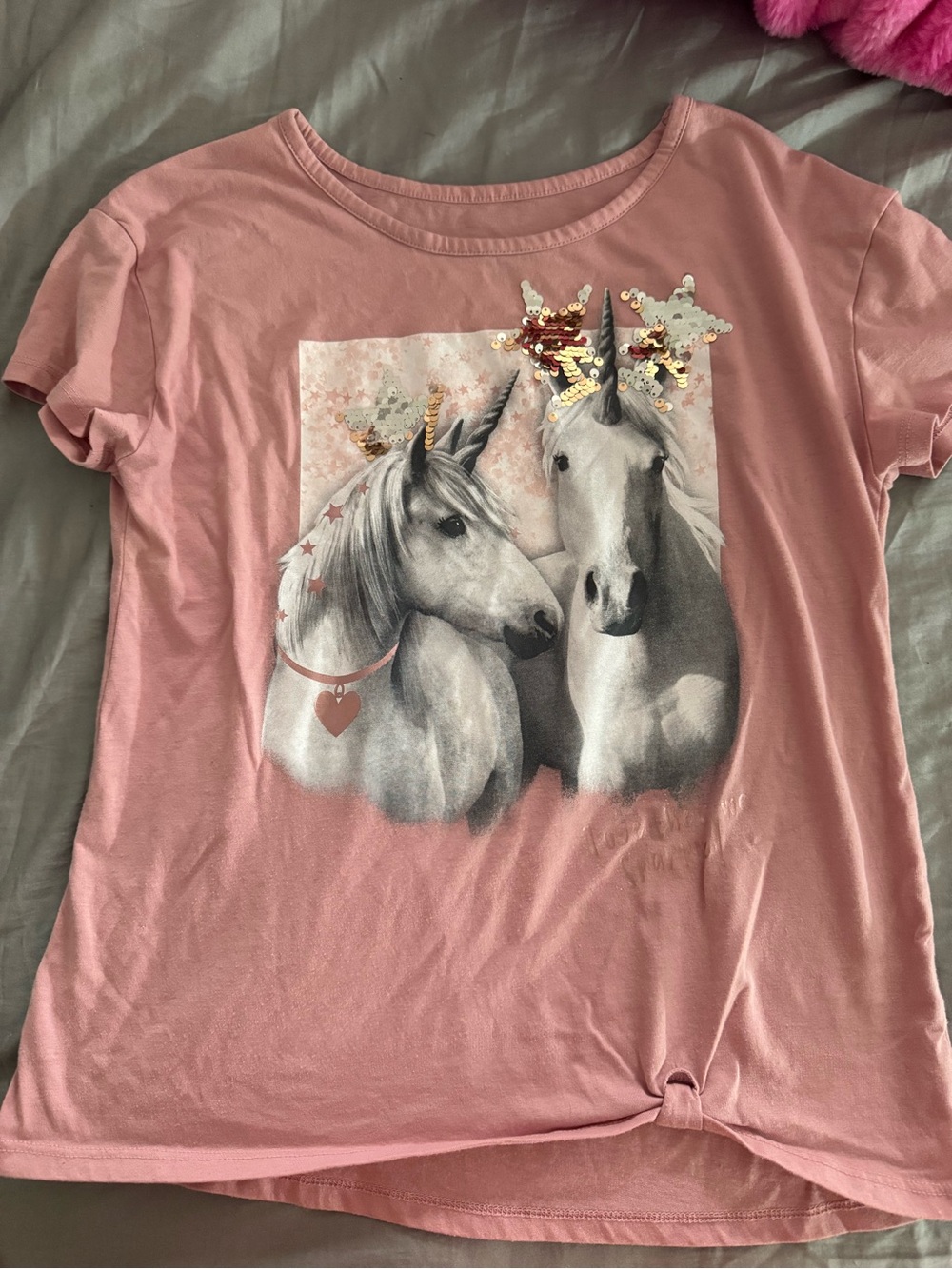 2 Justice Pink Unicorn Tee with Sequin Stars & Members Mark with heart sequins